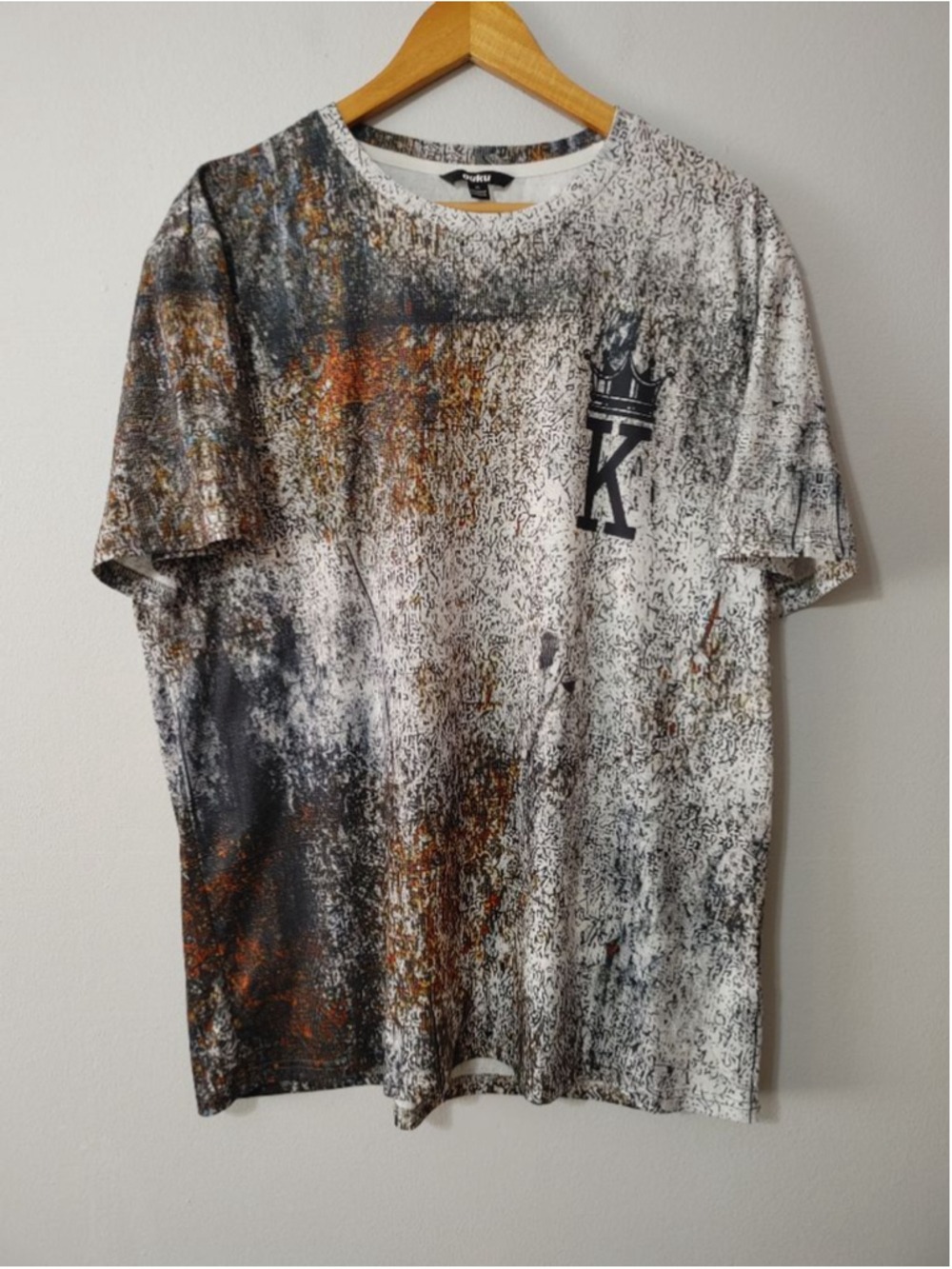 Men's Ouku White Black Abstract Print Short Sleeve King K Royals Tee XL